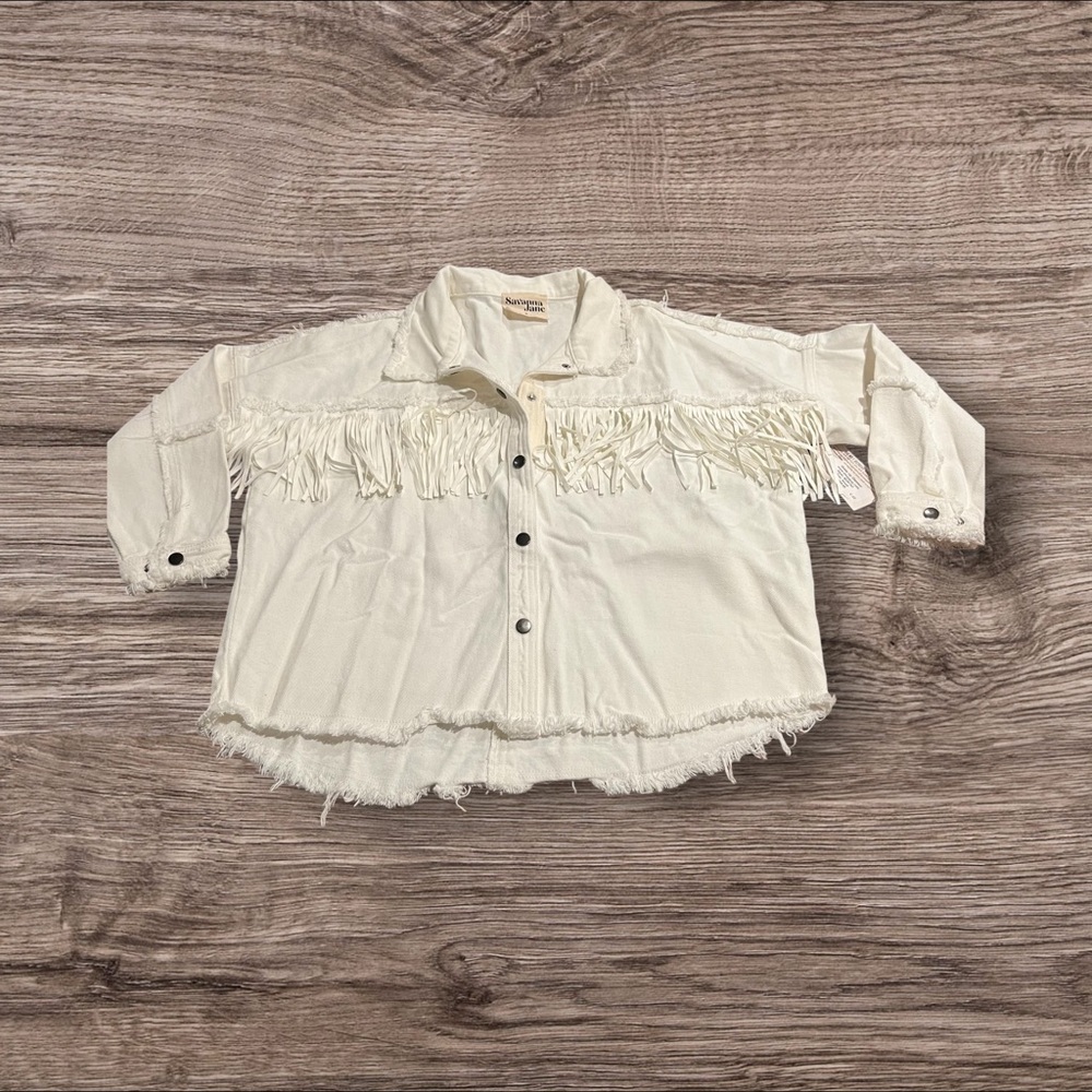 Savanna Jane Fringed Frayed Cream Denim Shacket Jacket Snap Size Small NEW
